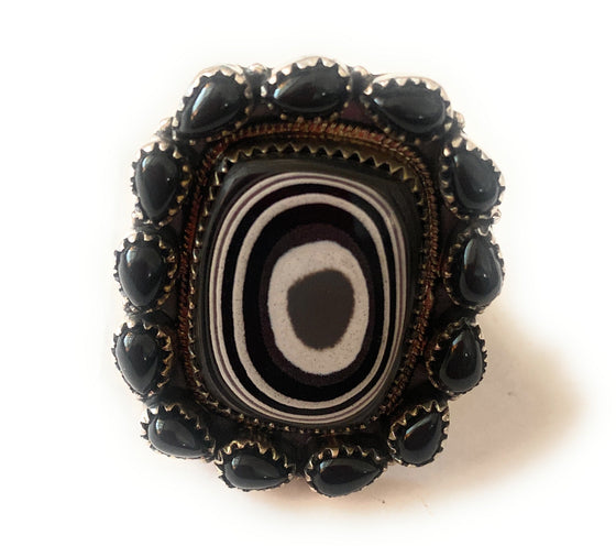 Handmade Sterling Silver, Fordite & Onyx Cluster Adjustable Ring