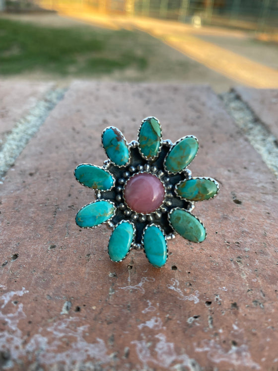 Adjustable Pink Opal & Royston Turquoise Sterling Silver Flower Ring