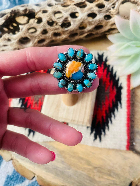 Handmade Sterling Silver, Spice & Turquoise Cluster Adjustable Ring