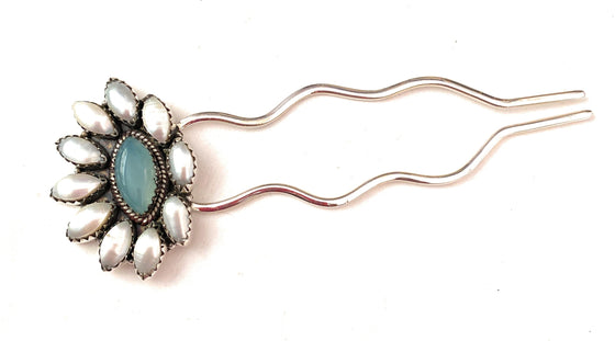 Handmade Blue Chalcedony, Pearl & Sterling Silver Hair Pin