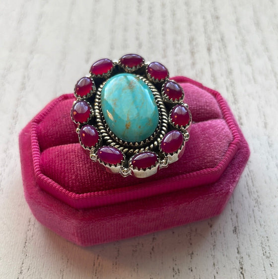 Handmade Pink Onyx & Turquoise Sterling Silver Adjustable Ring Signed Nizhoni