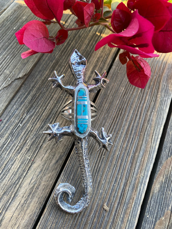 Navajo Turquoise& Sterling Silver Inlay Gecko Ring