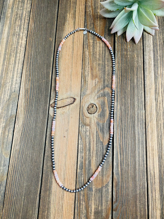 Sterling Silver Navajo Pearl & Pink Opal Beaded Necklace 24 inch