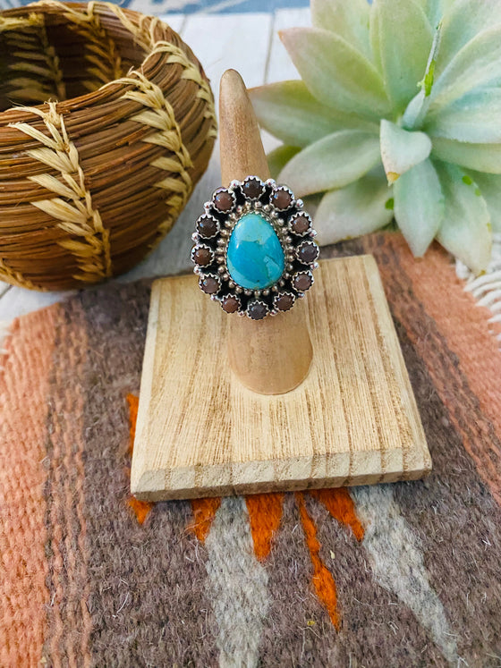 Handmade Sterling Silver, Mother of Pearl & Turquoise Cluster Adjustable Ring