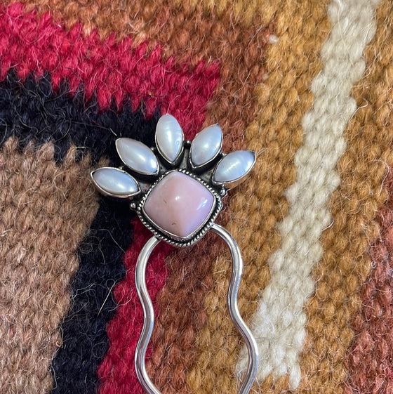 Handmade Mother of Pearl, Pink Conch Square stone & Sterling Silver Hair Pin