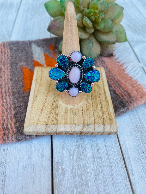 Handmade Sterling Silver, Opal & Queen Pink Cluster Adjustable Ring