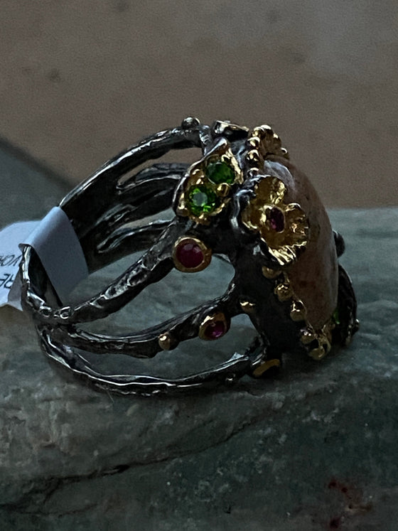 Fire Opal Tsavorite Ruby Sterling Ring 6.5