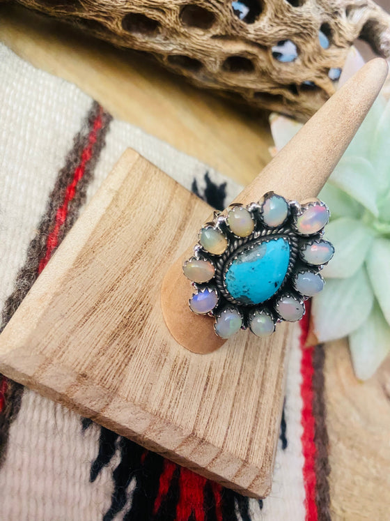 Handmade Sterling Silver, Turquoise & Opal Cluster Adjustable Ring