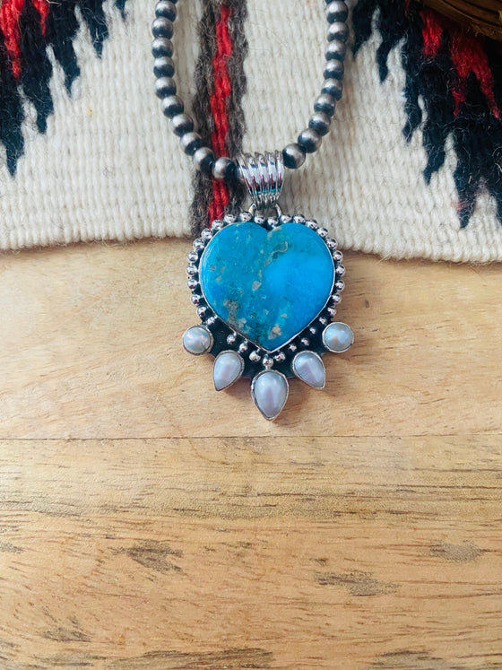 Kingman Turquoise & Pearl Heart Pendant