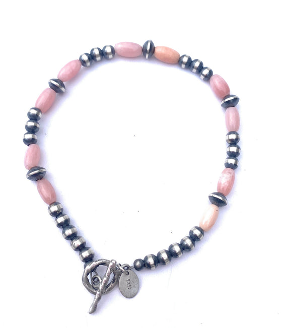 Navajo Sterling Silver Pearl & Pink Opal Beaded Bracelet