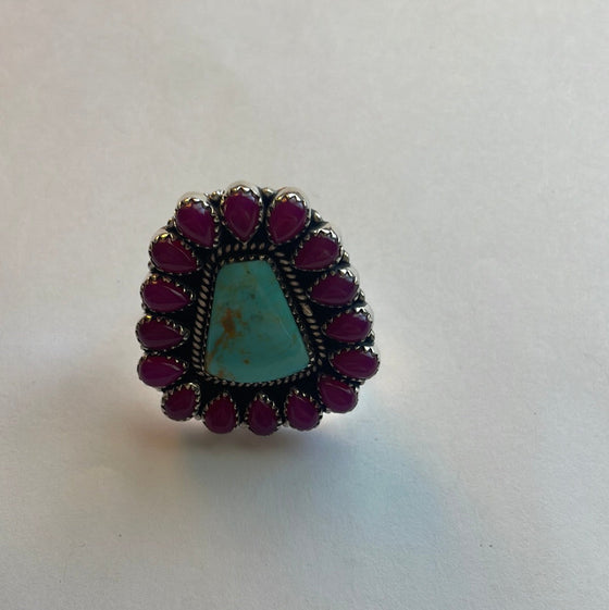 Handmade Pink Onyx & Turquoise Sterling Silver Adjustable Ring Signed Nizhoni