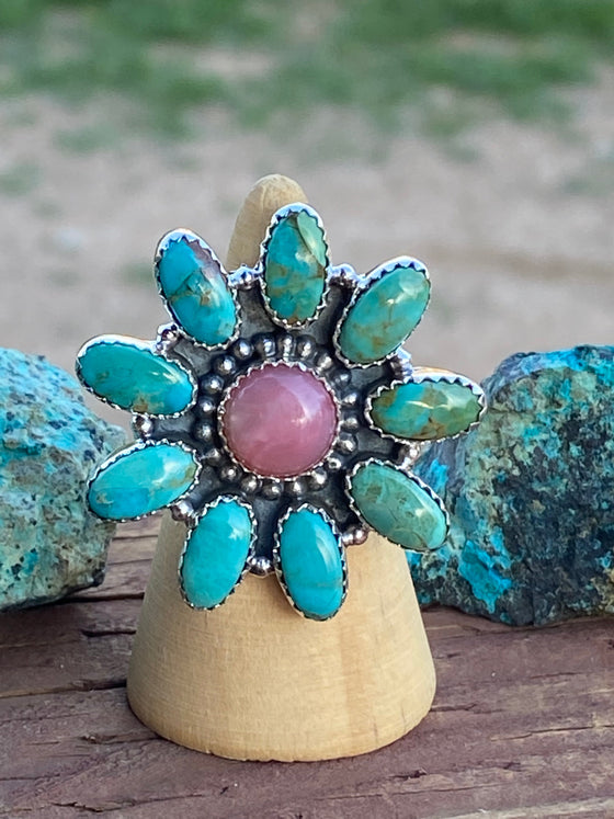 Adjustable Pink Opal & Royston Turquoise Sterling Silver Flower Ring