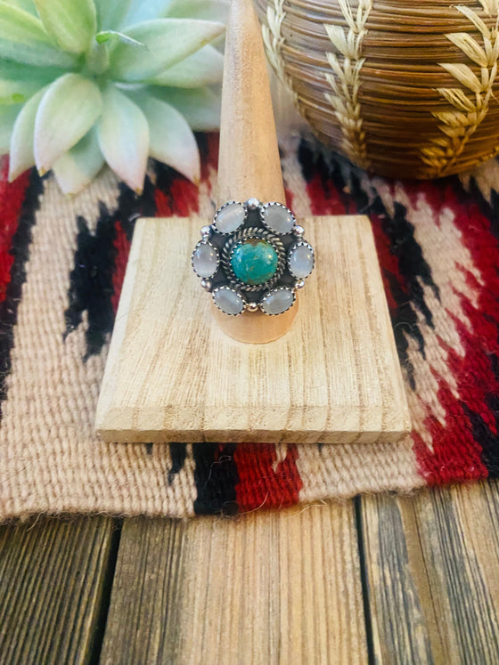 Handmade Sterling Silver, Mother of Pearl & Turquoise Cluster Adjustable Ring