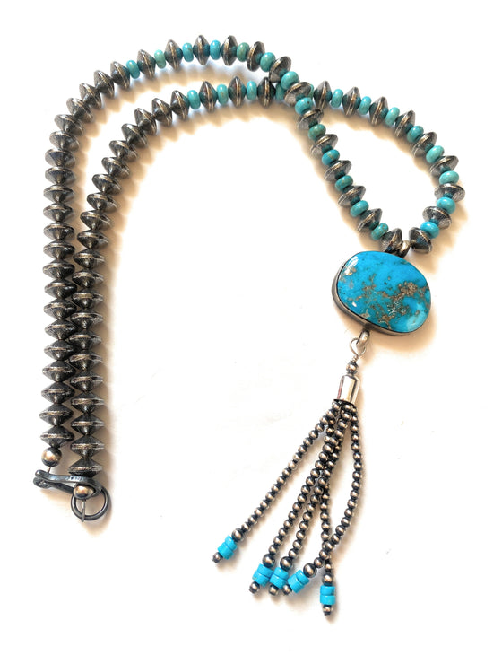 Navajo Turquoise & Sterling Silver Pearl Beaded Tassel Necklace