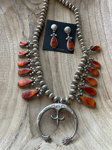  Navajo Orange Spiny And Sterling Silver Squash Blossom Necklace Earrings Set By Selina Warner