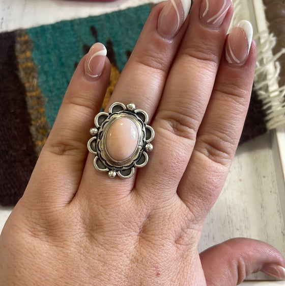 Gorgeous Navajo Pink Peruvian Opal And Sterling Silver Adjustable Ring Signed