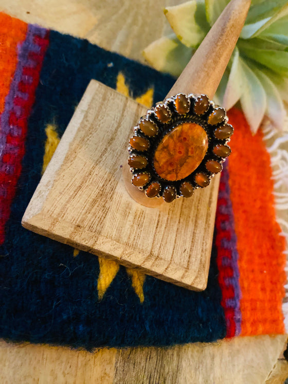 Handmade Sterling Silver, Carnelian & Spiny Mohave Cluster Adjustable Ring