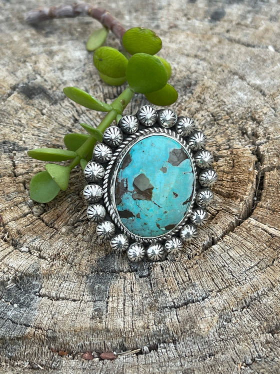 Navajo Sterling Cluster Silver Turquoise Oval Ring Sz 8