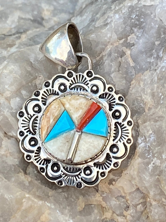 Navajo Turquoise, Coral & Mother of Pearl Pendant Necklace