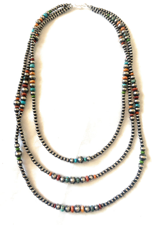 Navajo Multi Stone & Sterling Silver Pearl Triple Strand Beaded 24” Necklace