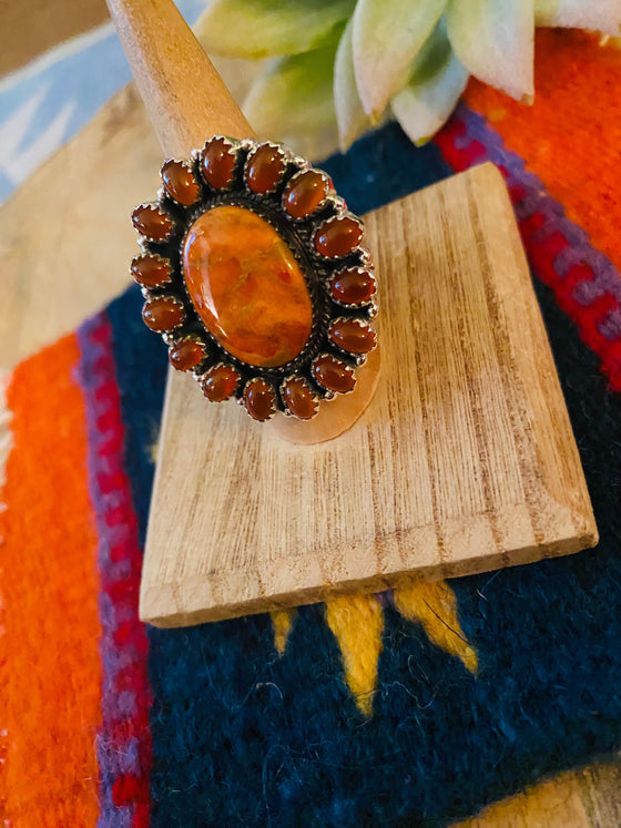 Handmade Sterling Silver, Carnelian & Spiny Mohave Cluster Adjustable Ring