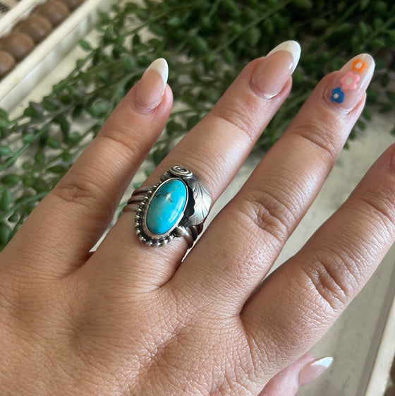 Navajo Turquoise & Sterling Silver Feather Ring Signed