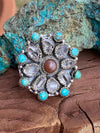 Handmade Garnet Sterling Silver, Turquoise & Herkimer Diamond Cluster Adjustable Ring