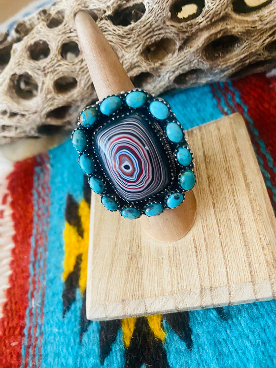 Handmade Sterling Silver, Fordite & Turquoise Cluster Adjustable Ring