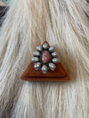 Handmade Sterling Silver, Mother of Pearl & Rhodochrosite Cluster Adjustable Ring Signed Nizhoni