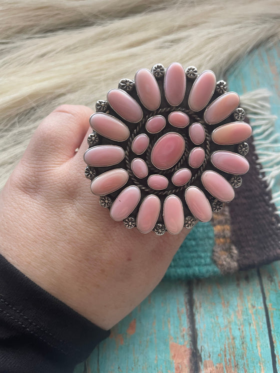 Navajo Sterling and Queen Pink Conch Shell Adjustable Statement Ring Signed C Yazzie