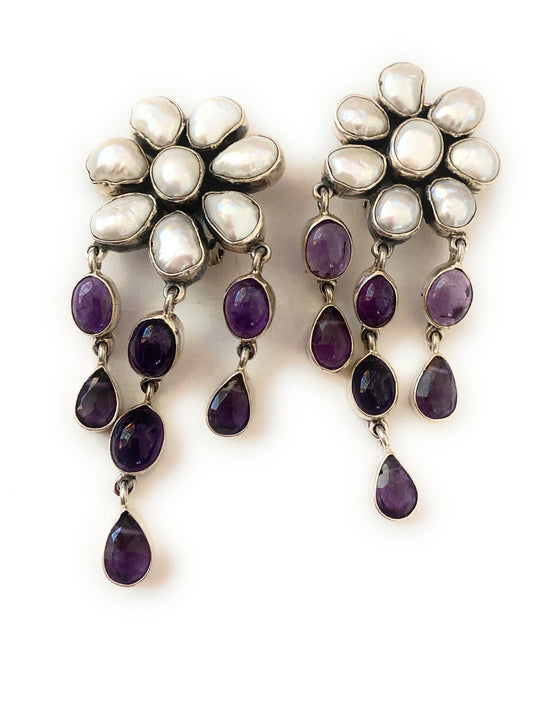 Federico Jimenez Pearl, Amethyst & Sterling Silver Clip On Earrings