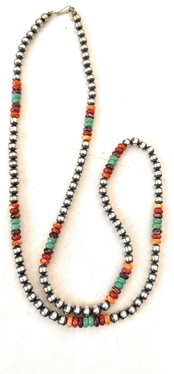 Navajo Multi Stone & Sterling Silver Pearl Beaded 30” Necklace