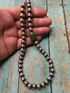 Navajo Sterling Silver Pearl 8mm Beaded Necklace With Turquoise Stone 18INCH