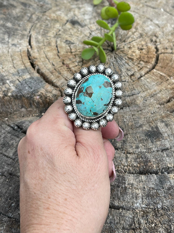 Navajo Sterling Cluster Silver Turquoise Oval Ring Sz 8