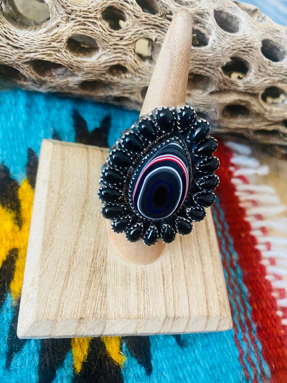 Handmade Sterling Silver, Fordite & Onyx Cluster Adjustable Ring