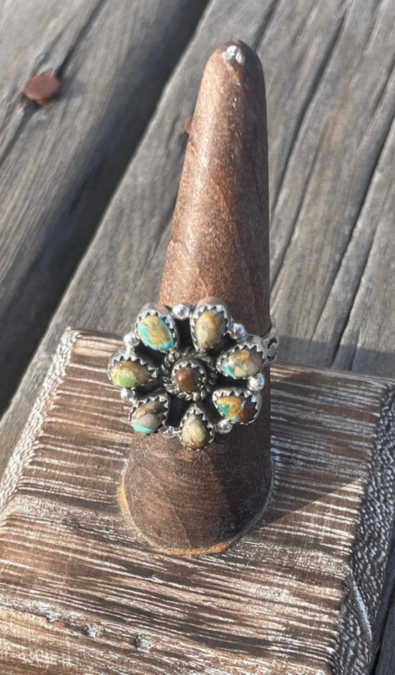 Handmade Sterling Silver And Turquoise Cluster Adjustable Ring Signed Nizhoni