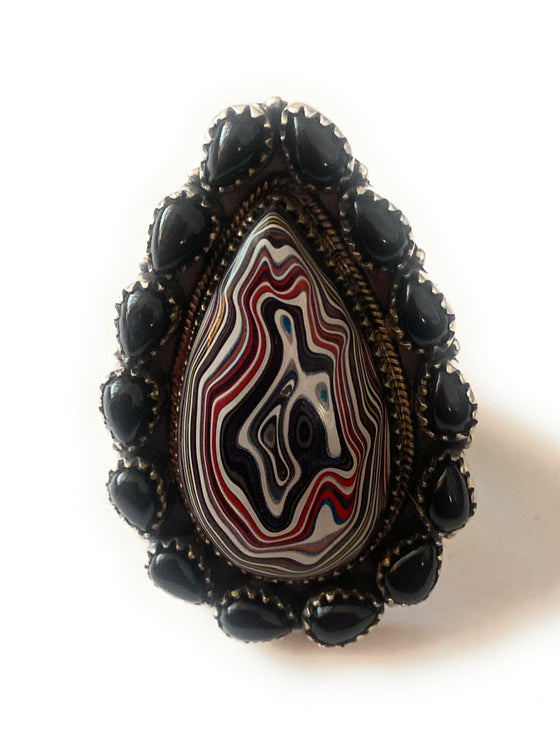 Handmade Sterling Silver, Fordite & Onyx Cluster Adjustable Ring