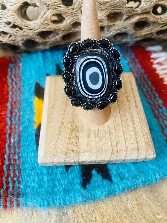 Handmade Sterling Silver, Fordite & Onyx Cluster Adjustable Ring