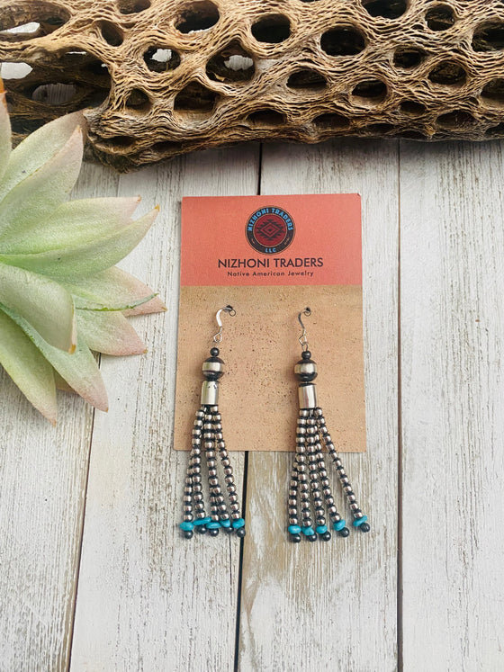 Navajo Turquoise & Sterling Silver Pearl Beaded Tassel Dangle Earrings