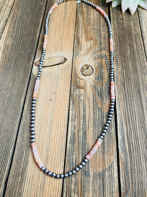 Sterling Silver Navajo Pearl & Pink Opal Beaded Necklace 24 inch