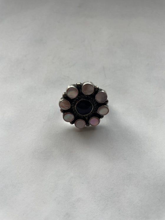 Navajo Sterling Silver, Black Onyx, Pink Conch Flower Cluster Adjustable Rings Signed