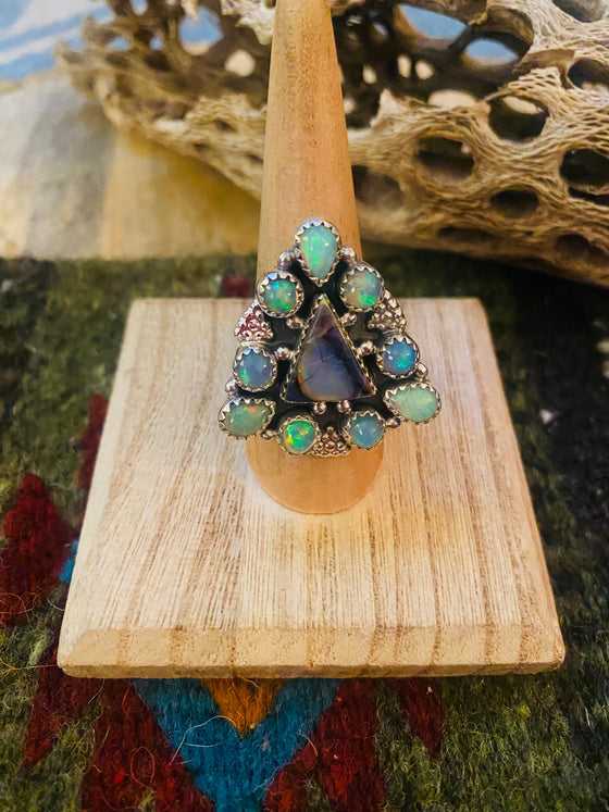 Handmade Sterling Silver & Opal Cluster Adjustable Ring