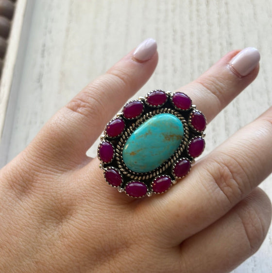 Handmade Pink Onyx & Turquoise Sterling Silver Adjustable Ring Signed Nizhoni