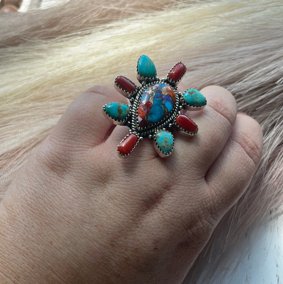Handmade Sterling Silver, Turquoise, Coral & Blue Mojave Adjustable Ring Signed Nizhoni