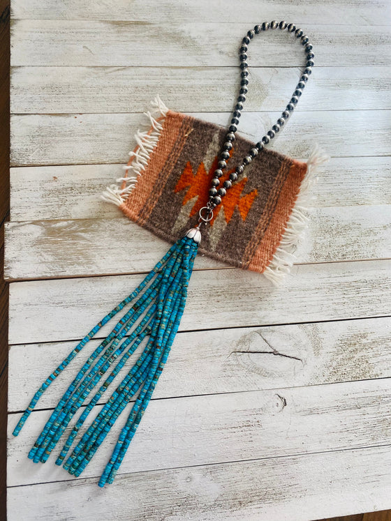 Navajo Turquoise & Sterling Silver Pearl Beaded Tassel Necklace