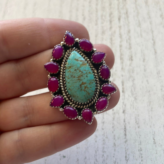 Handmade Pink Onyx & Turquoise Sterling Silver Adjustable Ring Signed Nizhoni