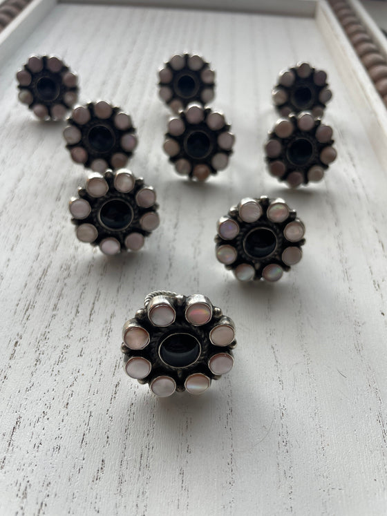 Navajo Sterling Silver, Black Onyx, Pink Conch Flower Cluster Adjustable Rings Signed