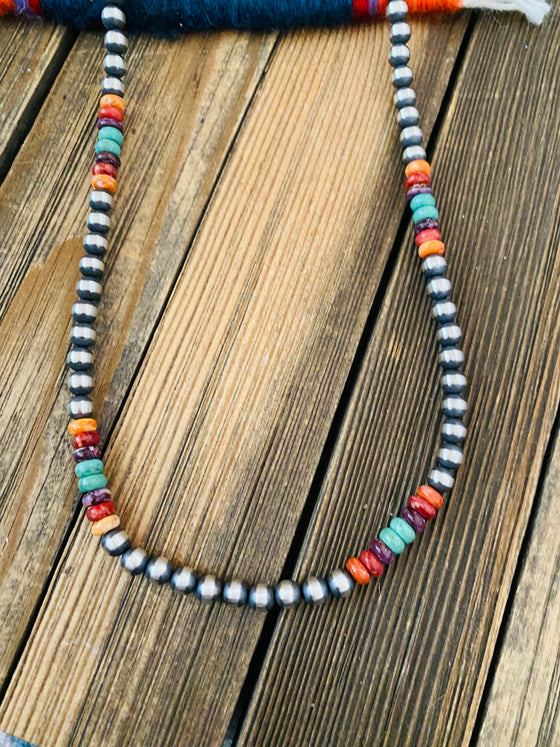 Navajo Multi Stone & Sterling Silver Pearl Beaded 30” Necklace