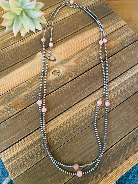 Navajo Sterling Silver Pearl & Pink Opal Beaded Necklace 72 inch