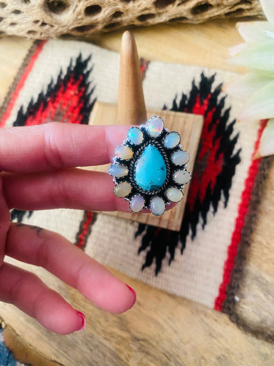 Handmade Sterling Silver, Turquoise & Opal Cluster Adjustable Ring